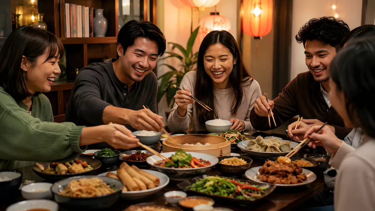 Freunde beim gemeinsamen asiatischen Abendessen