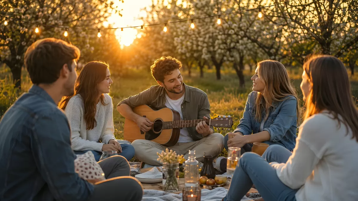 Freunde beim Picknick im Obstgarten mit Gitarre