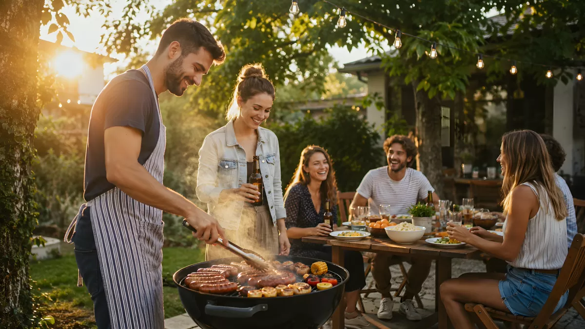 Freunde beim sommerlichen Grillabend im Garten — Bild kostenlos herunterladen