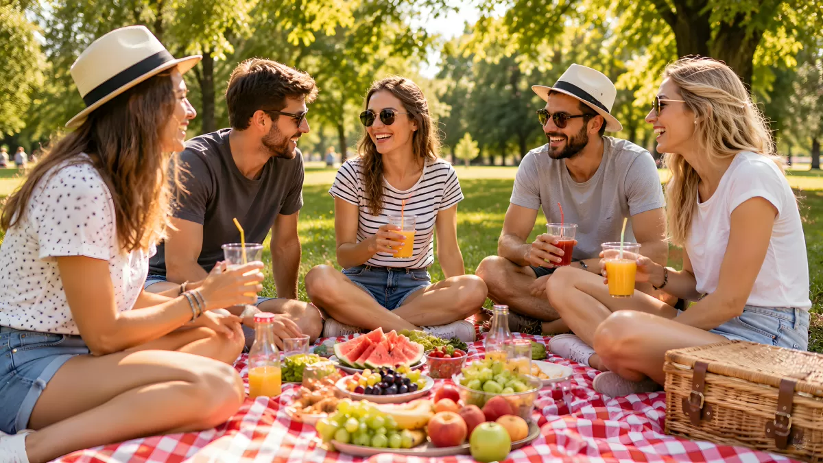 Freunde beim sommerlichen Picknick im Park mit Früchten