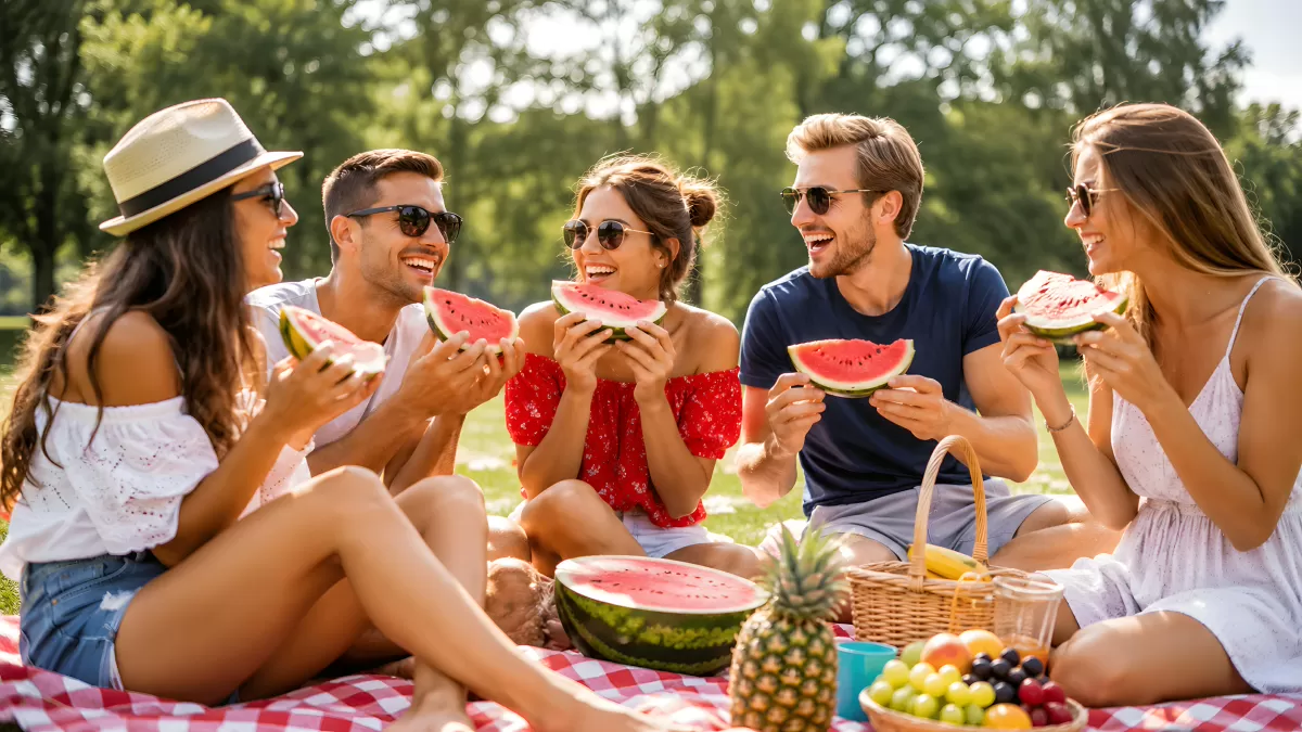Freunde beim sommerlichen Picknick mit Wassermelone