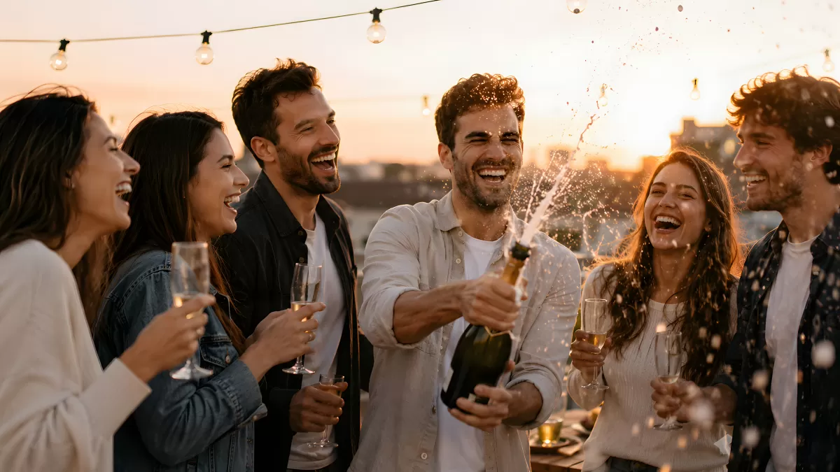 Freunde feiern bei Sonnenuntergang mit Champagner