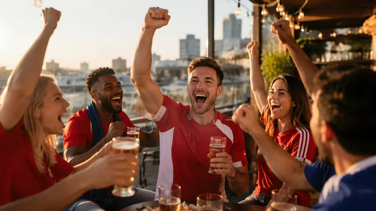 Freunde feiern Fußballsieg auf Dachterrasse mit Bier