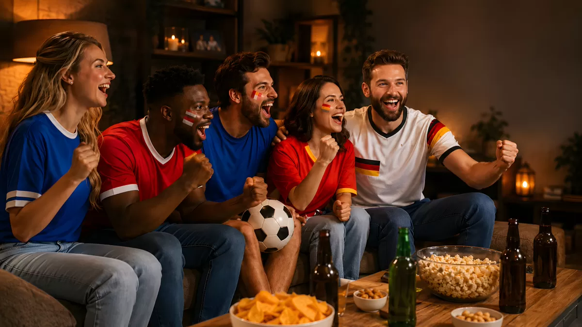 Freunde feiern gemeinsam Fußball auf der Couch