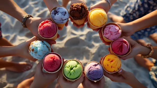 Freunde genießen bunte Eiswaffeln am Sommerstrand