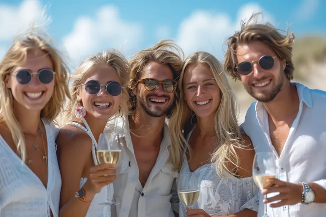 Freunde genießen einen sonnigen Tag am Meer