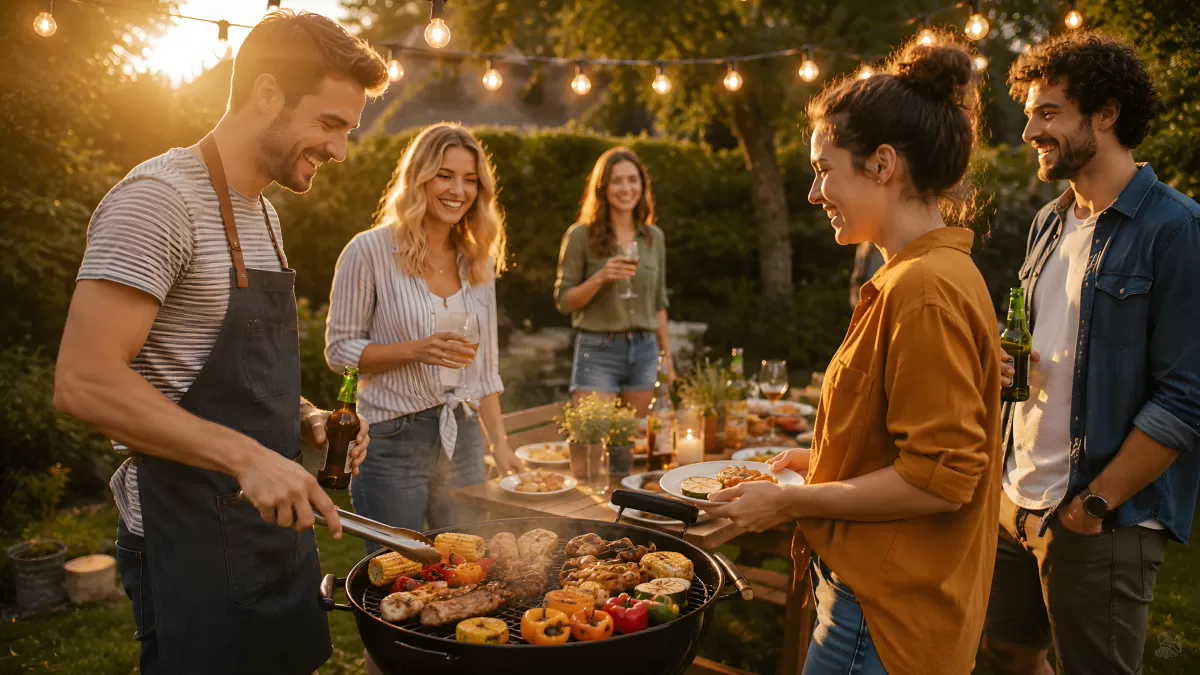 Freunde genießen gemeinsames Grillen im Garten