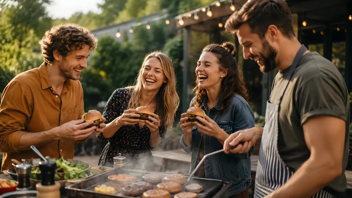 Freunde genießen gemeinsames Grillen im Sommergarten