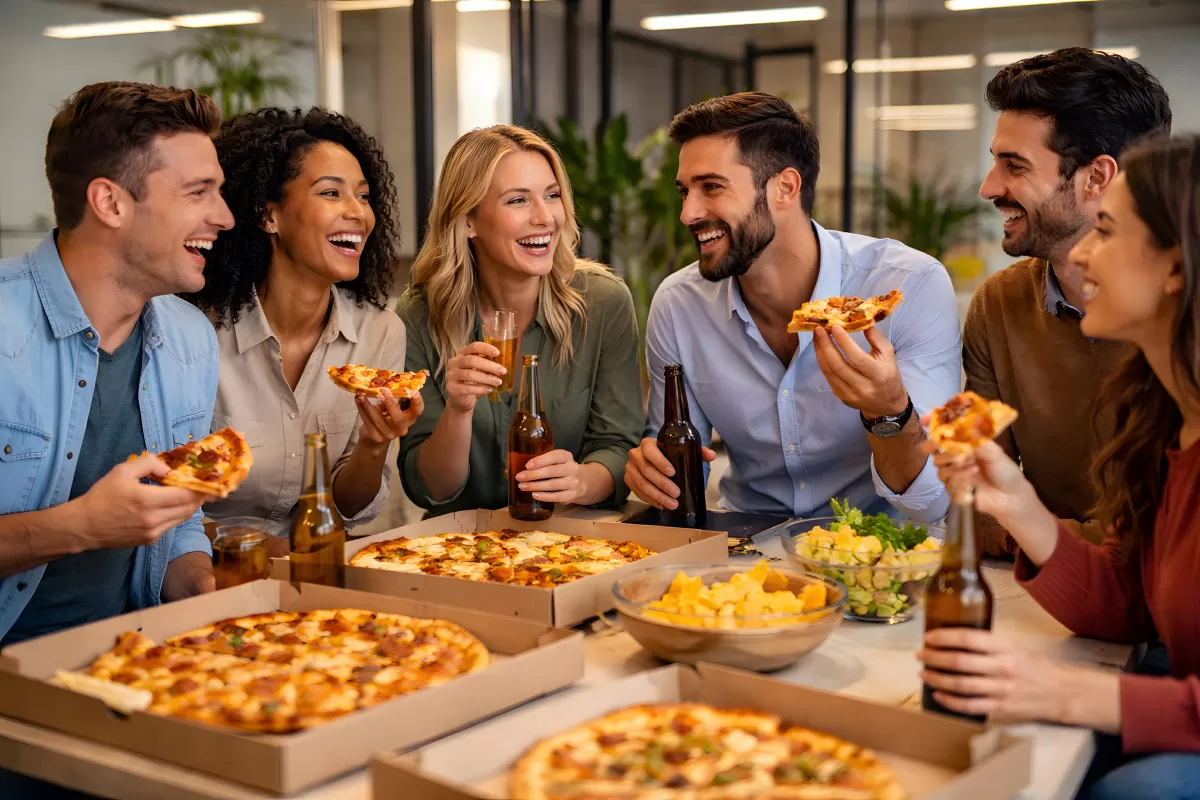 Freunde genießen Pizza und Bier bei geselliger Runde