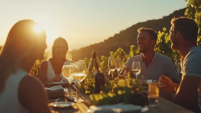 Freunde genießen romantischen Sonnenuntergang bei Outdoor-Weinverkostung