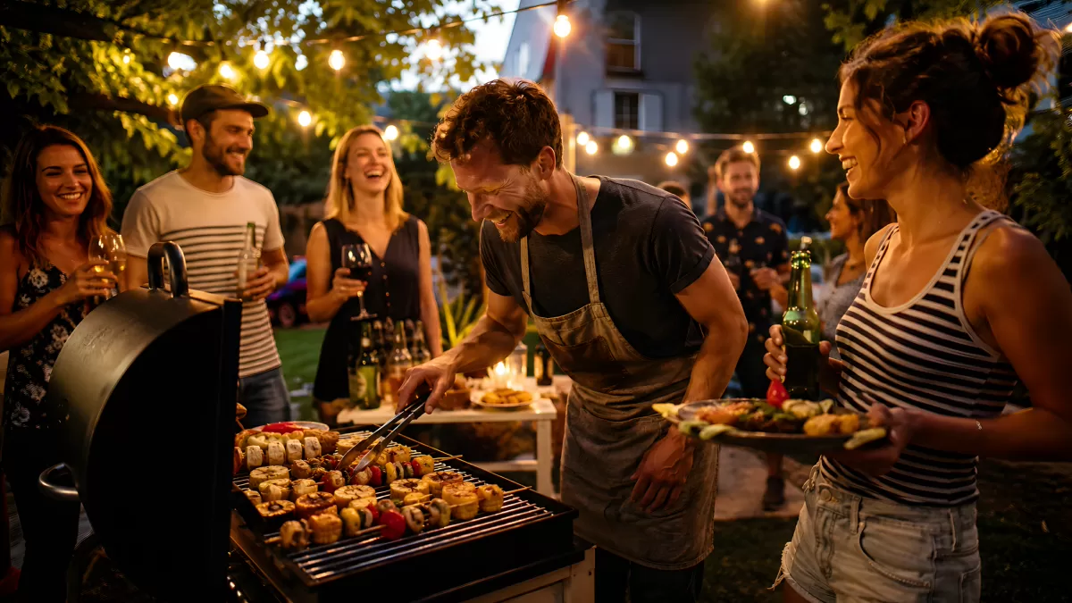 Freunde grillen abends im Garten bei Lichterketten