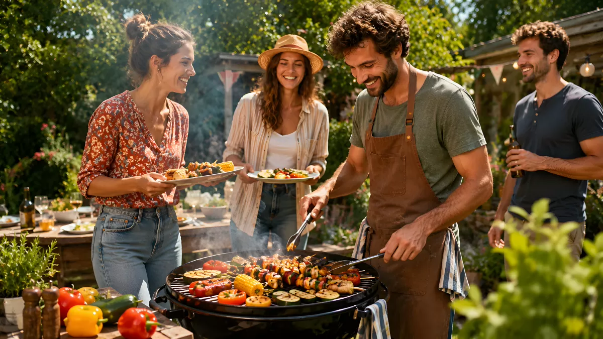 Freunde grillen gemeinsam im sommerlichen Garten