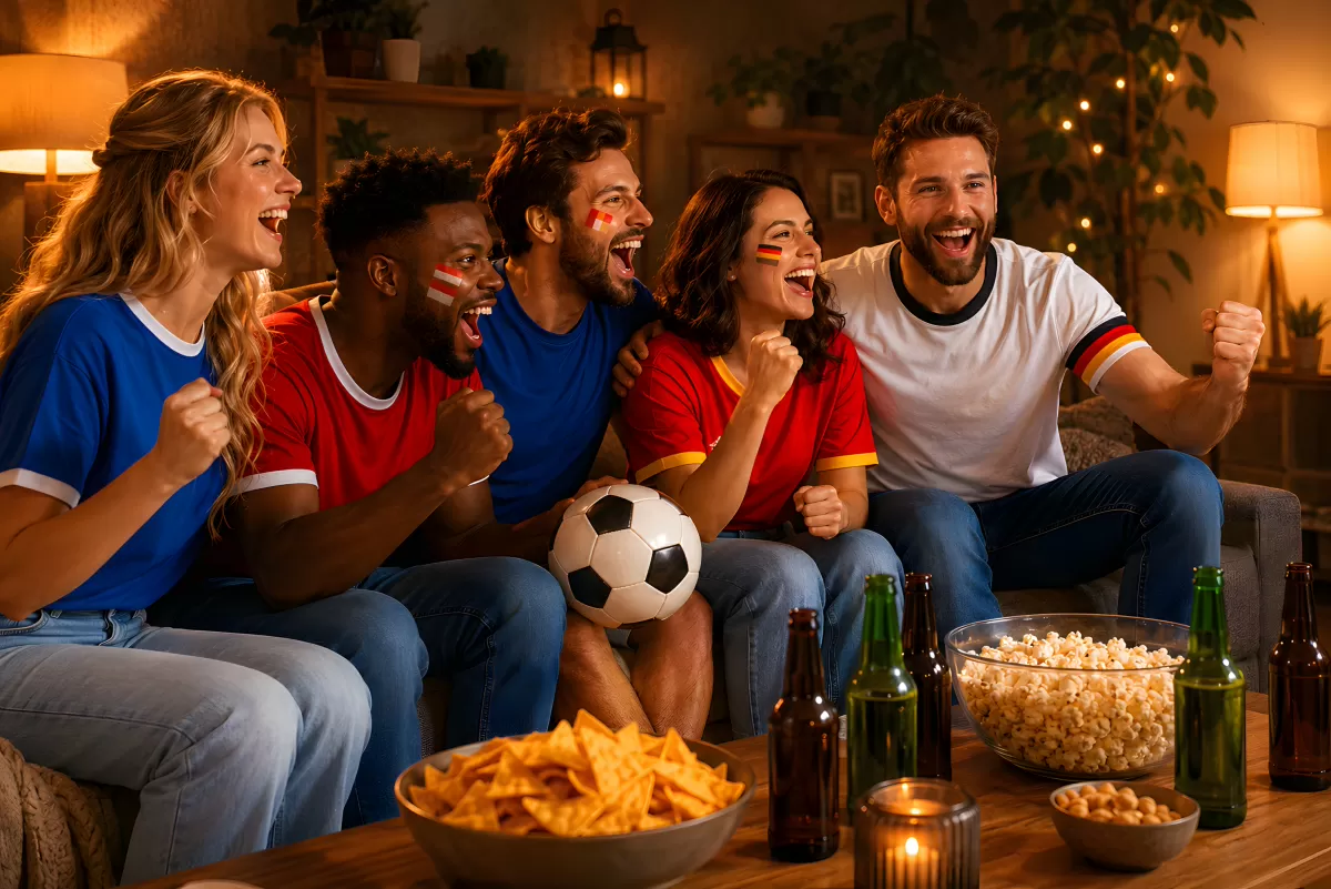 Freunde jubeln gemeinsam beim Fußball schauen