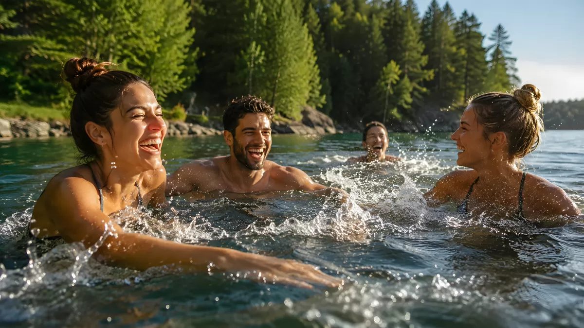 Freunde lachen beim Baden in einem Bergsee