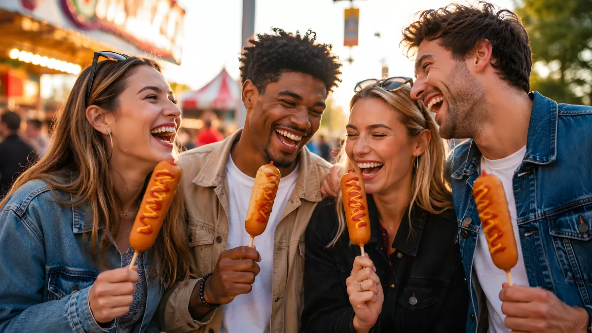 Freunde lachen beim Corn-Dog-Essen auf dem Jahrmarkt