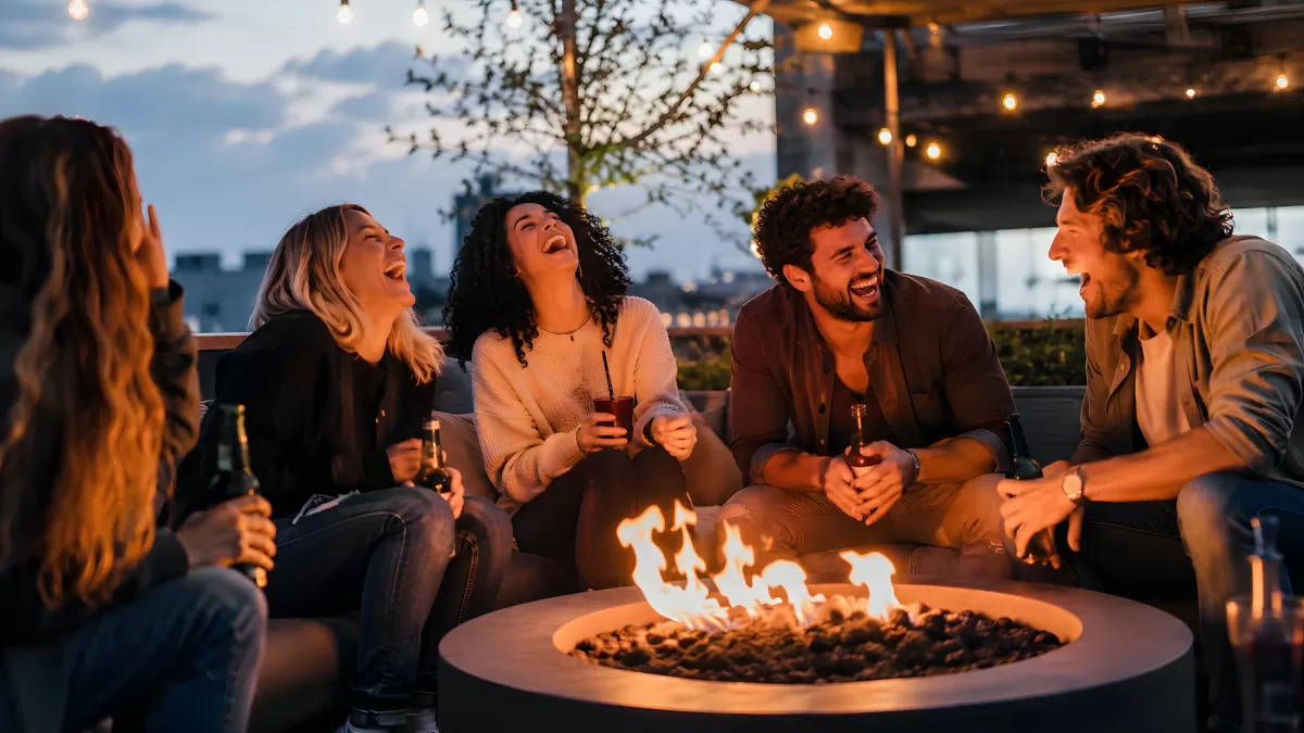Freunde lachen gemeinsam am Feuer auf einer Dachterrasse