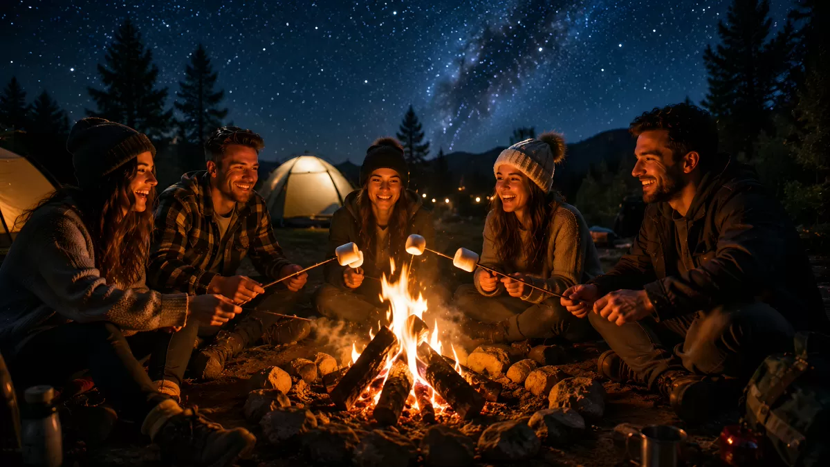 Freunde rösten Marshmallows am Lagerfeuer unter Sternenhimmel