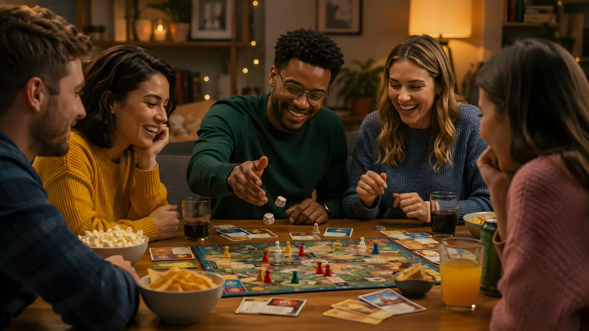 Freunde spielen Brettspiel gemeinsam am Abend