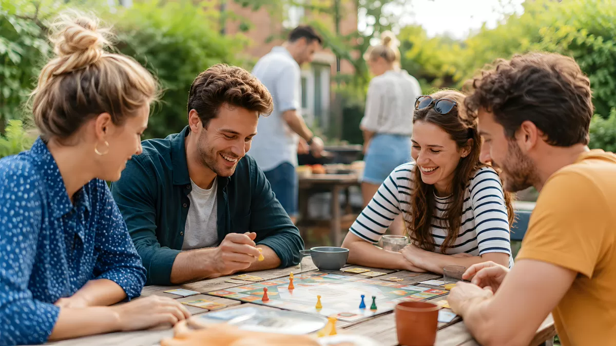 Freunde spielen Brettspiel im Garten beim Grillen
