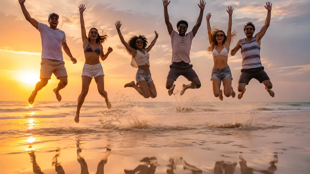 Freunde springen jubelnd am Strand beim Sonnenuntergang