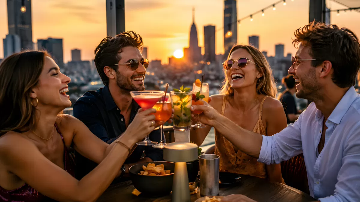 Freunde stoßen bei Sonnenuntergang auf Dachterrasse an