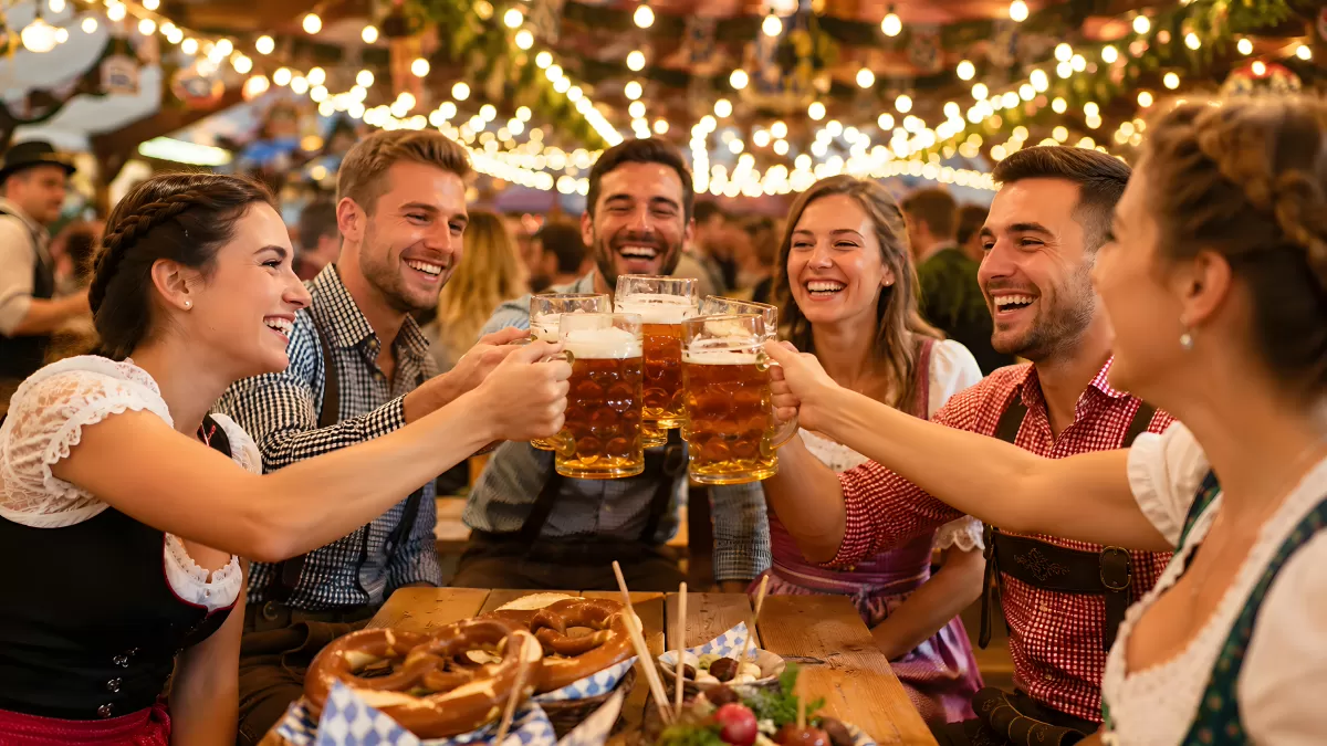 Freunde stoßen mit Maßkrügen auf dem Oktoberfest an