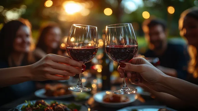 Freunde stoßen mit Rotweingläsern bei romantischer Abendstimmung an