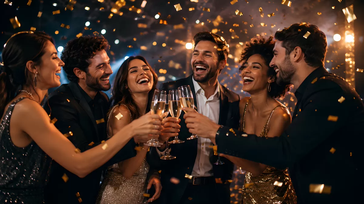 Freunde stoßen mit Sekt an auf einer Silvesterparty