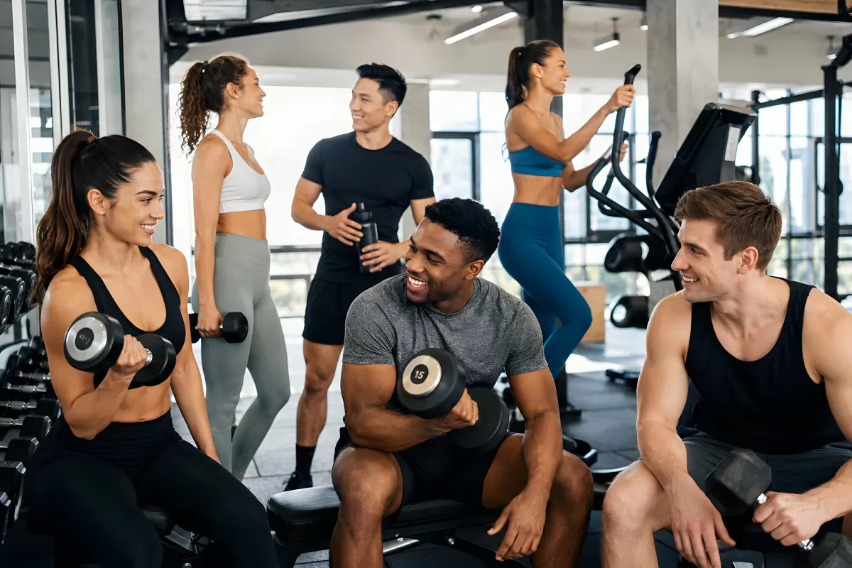 Freunde trainieren gemeinsam mit Hanteln im Fitnessstudio