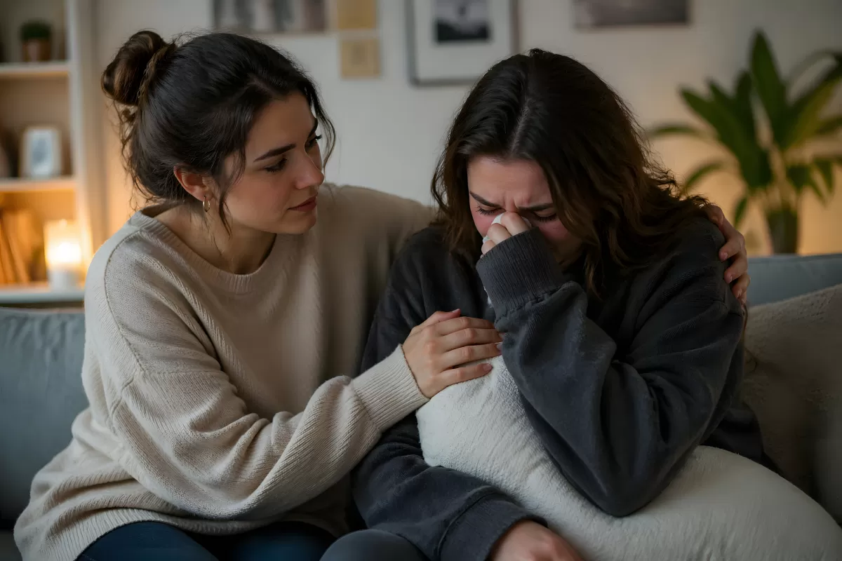 Freundin tröstet weinende Frau auf dem Sofa