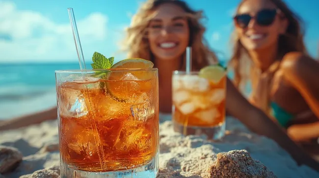 Freundinnen genießen erfrischende Cocktails am Strand