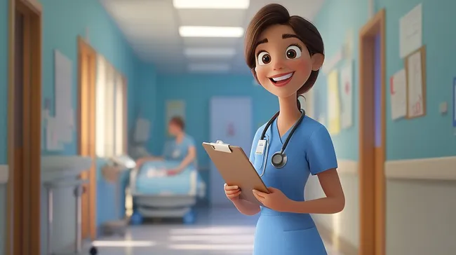 Freundliche Ärztin mit Klemmbrett im Krankenhauskorridor