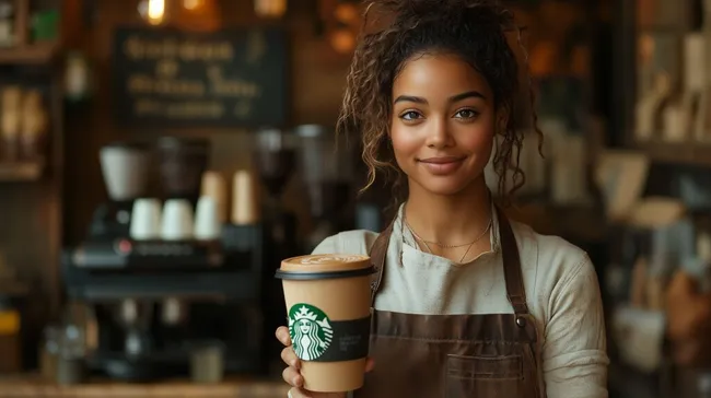 Freundliche Barista mit Kaffee-to-go im Cafe