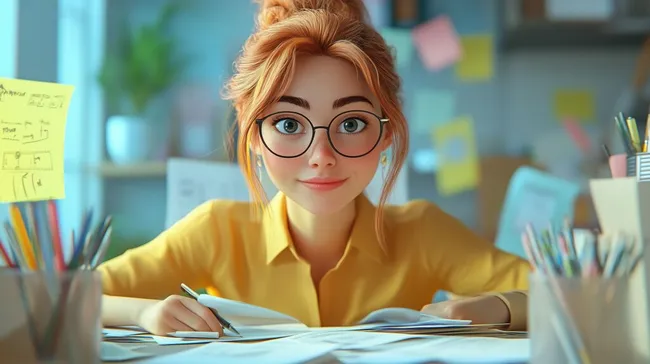 Freundliche Büroarbeiterin mit Brille und Notizen