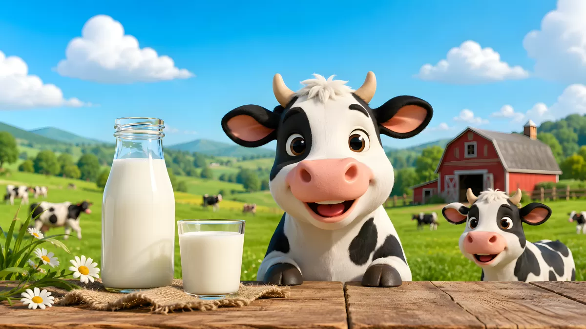 Freundliche Cartoon-Kühe mit Milchflasche auf Bauernhof