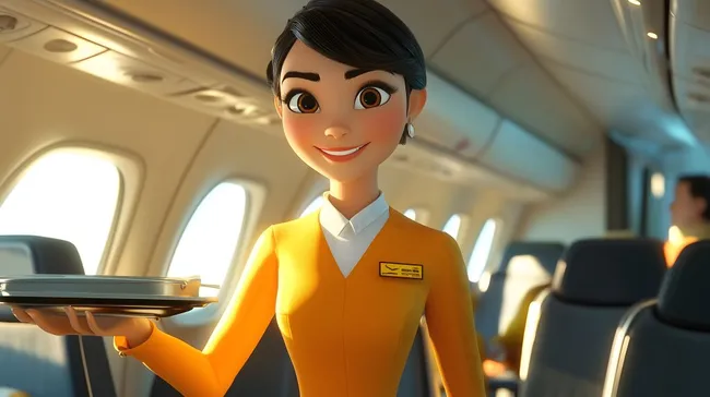 Freundliche Flugbegleiterin im Flugzeug mit Getränketablett