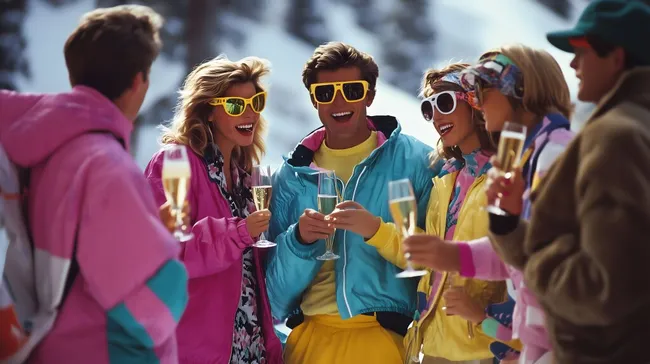 Freundliche Gruppe in bunten 80er-Jahre Outfits nach dem Skifahren