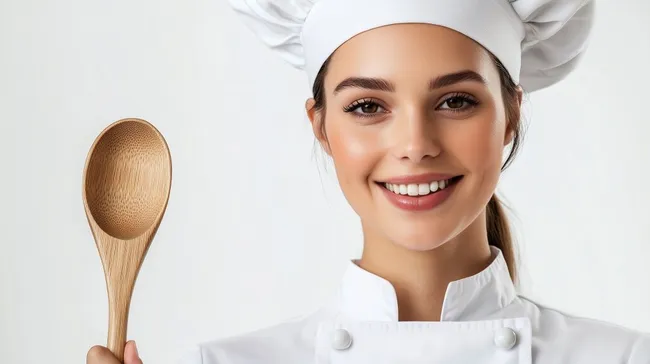 Freundliche Köchin mit Kochmütze und Holzlöffel