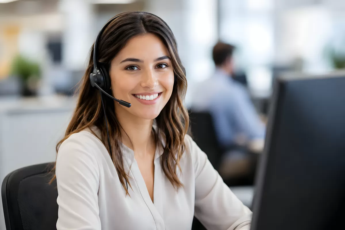 Freundliche Kundenberaterin mit Headset im Büro