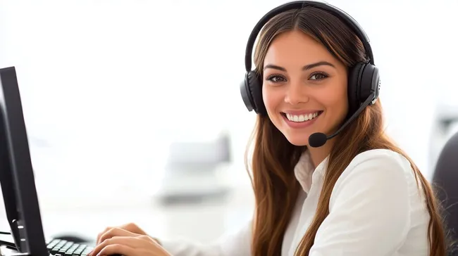 Freundliche Kundendienstagentin am Arbeitsplatz