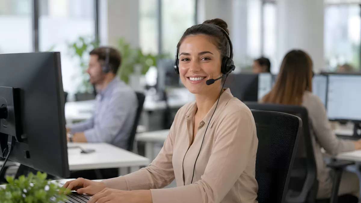 Freundliche Mitarbeiterin im Call-Center am Computer