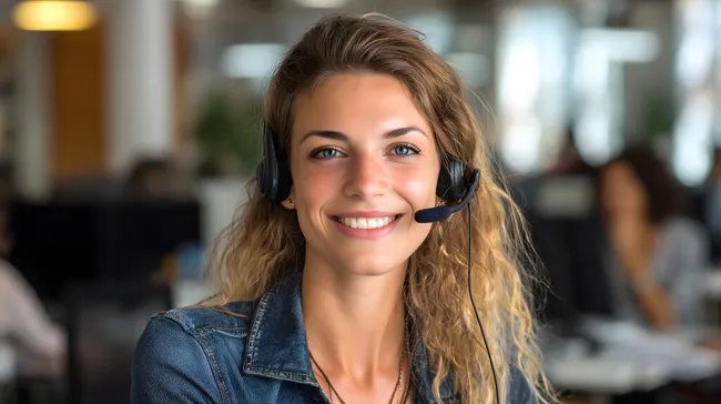 Freundliche Mitarbeiterin im Callcenter mit Headset lächelnd