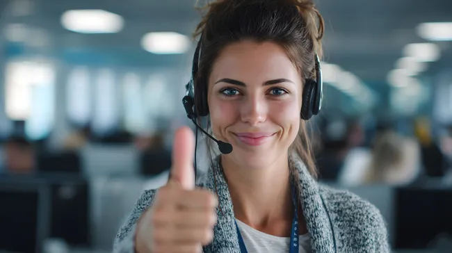 Freundliche Mitarbeiterin im Kundenservice gibt Daumen hoch