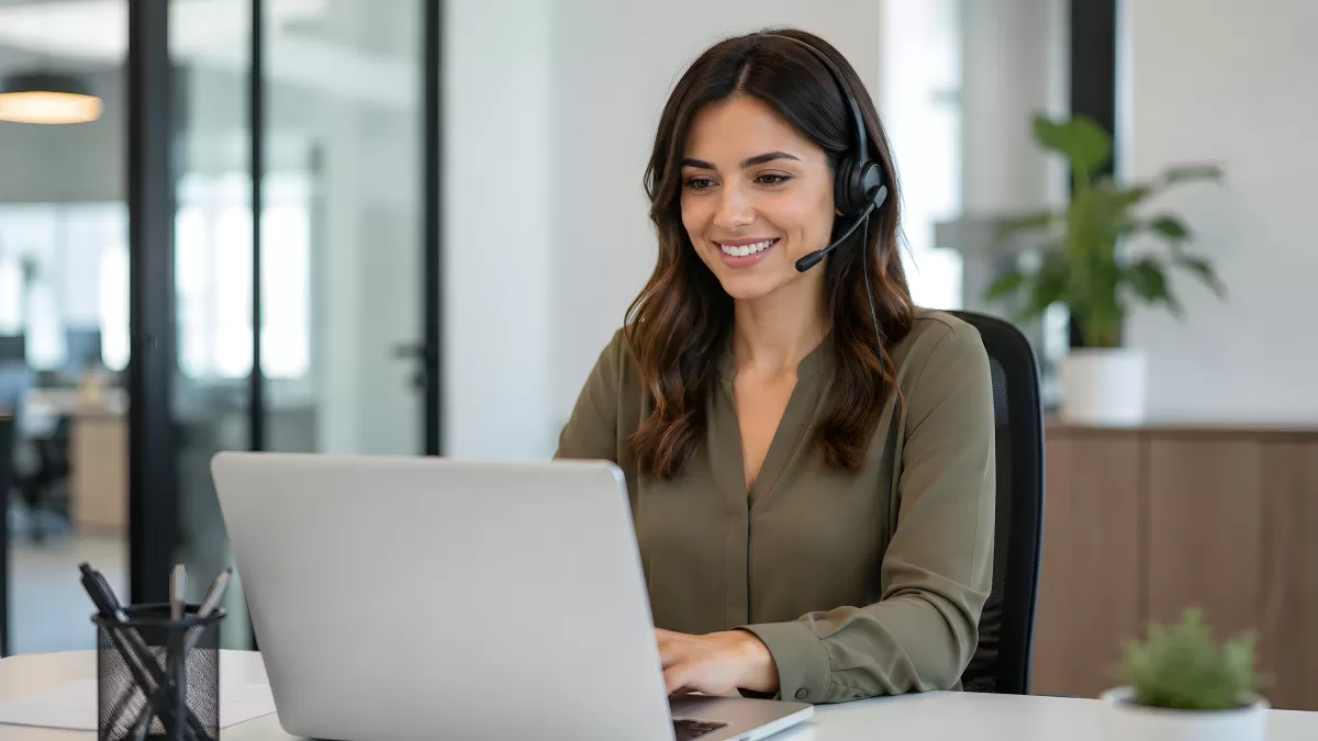 Freundliche Mitarbeiterin mit Headset am Laptop im Büro