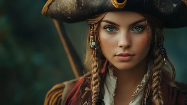 Freundliche Piratenfrau in historischer Kostümierung