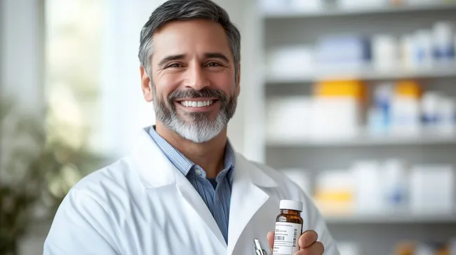 Freundlicher Apotheker in weißem Kittel mit Medikamentenflasche