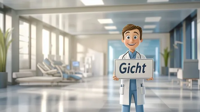 Freundlicher Arzt hält Schild mit Gichtdiagnose in Klinikflur