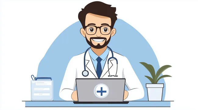 Freundlicher Arzt mit Laptop und Stethoskop am Schreibtisch