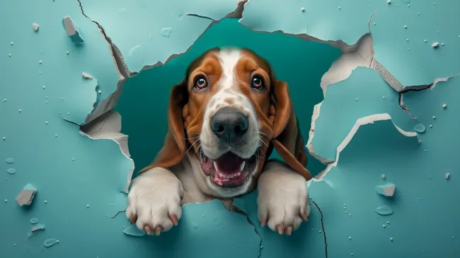 Freundlicher Basset-Hund blickt durch Wandloch