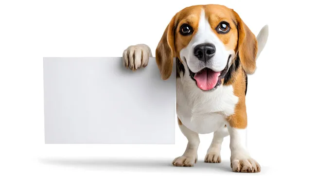 Freundlicher Beagle-Hund mit Schild auf Hinterbeinen